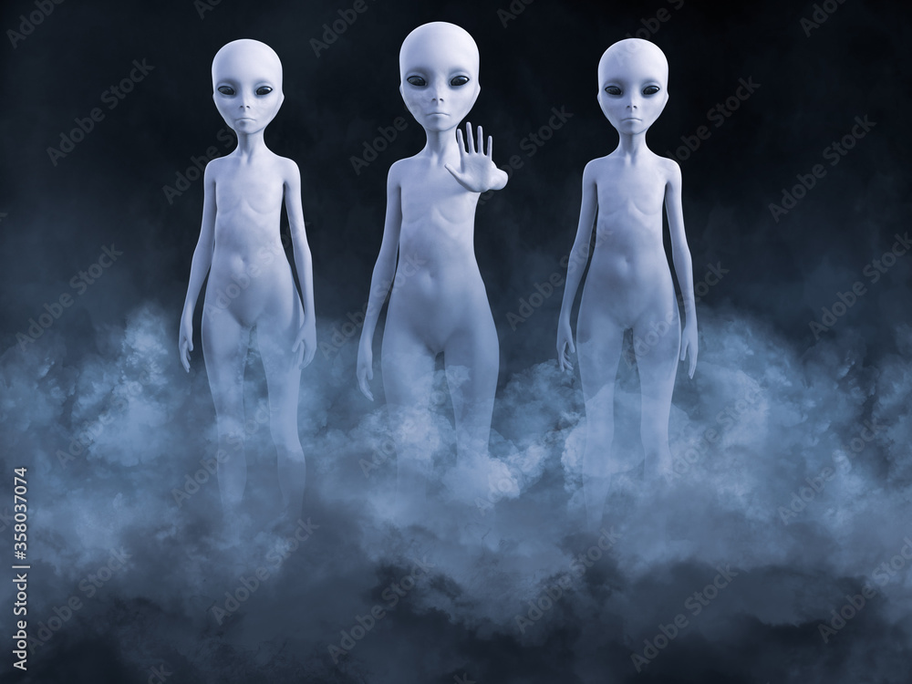 3D rendering of three aliens appearing in smoke.